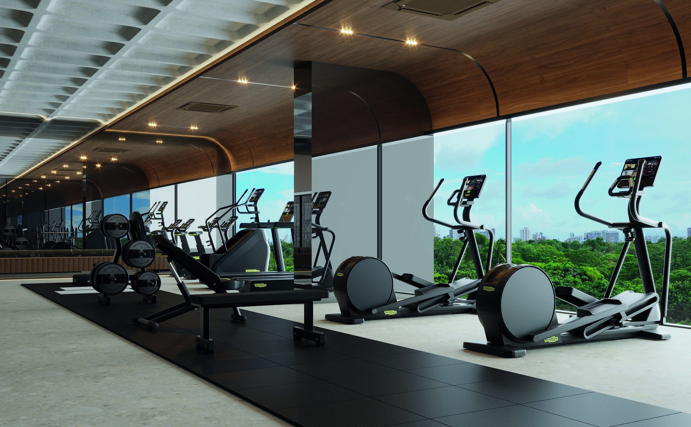 Academia equipada Technogym com vista
