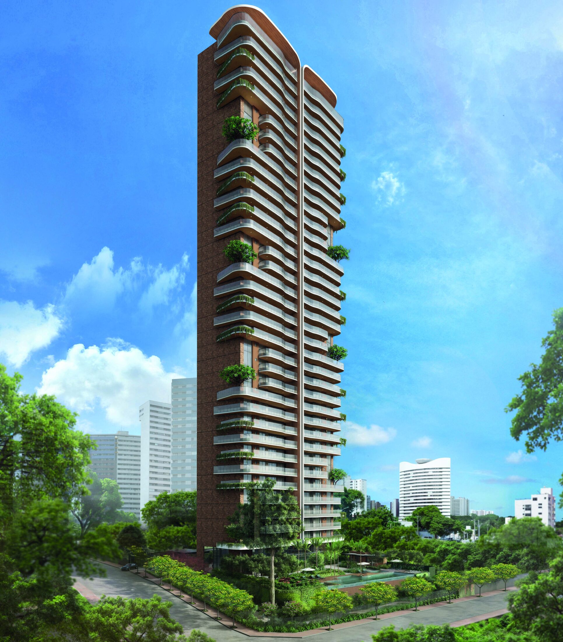 Render da torre Casa Monã ao lado do Parque do Cocó, com varandas ajardinadas e céu azul