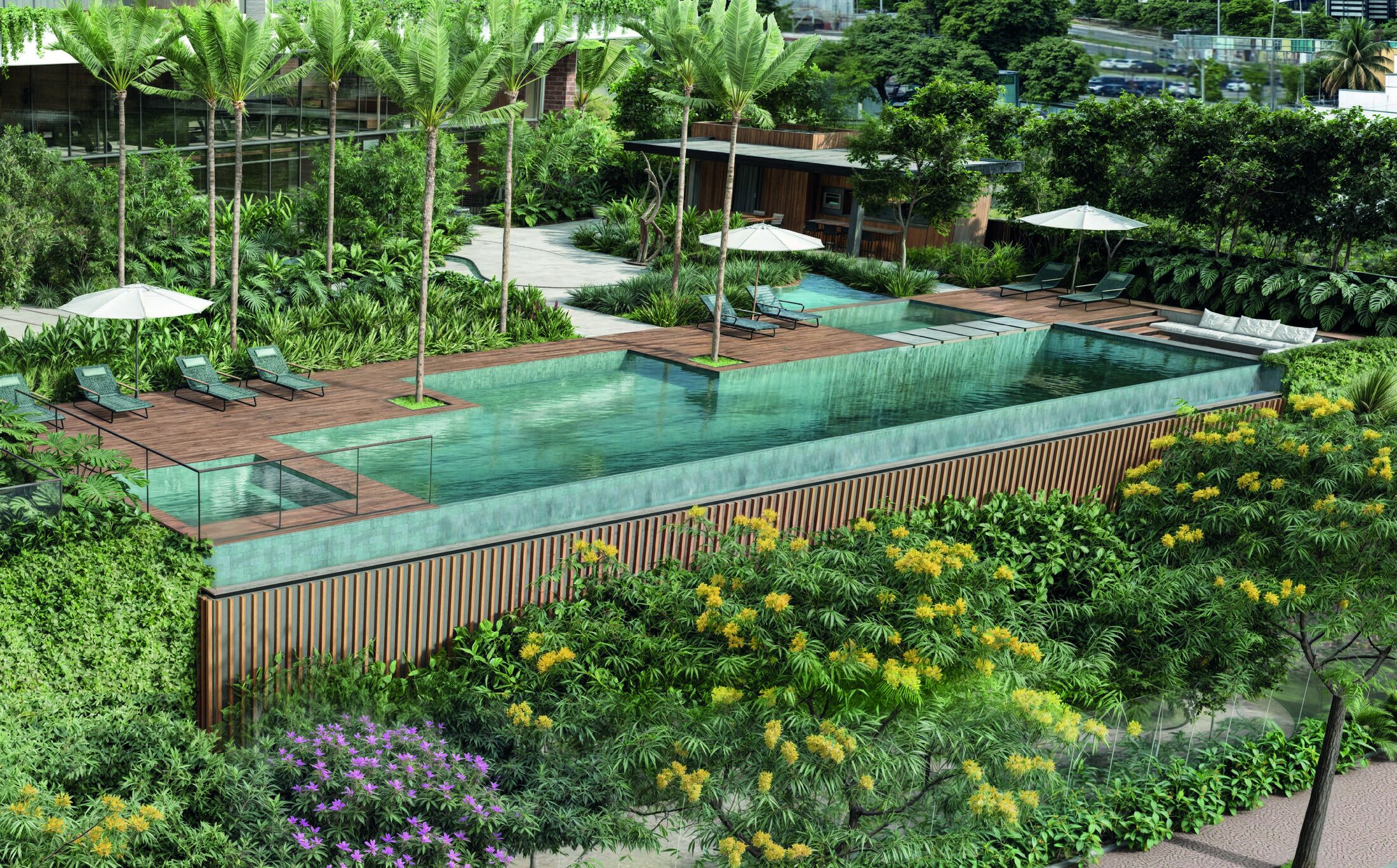 Piscina com deck e paisagismo